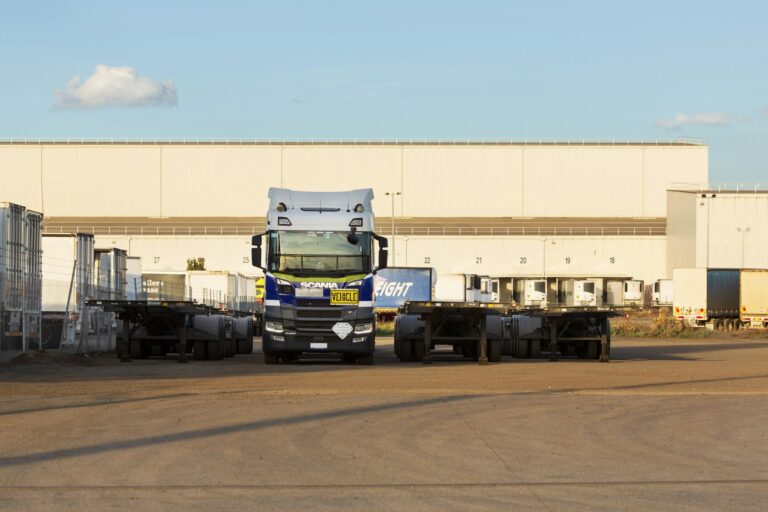 Truck and trailers at a warehouse for cross-docking