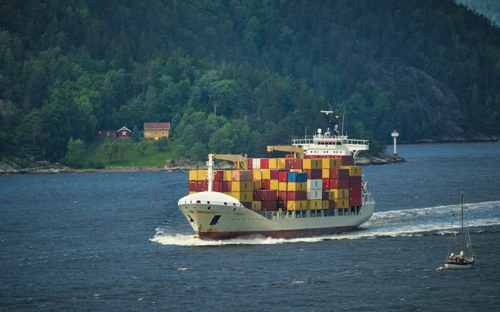 Loaded container ship at sea for ocean freight to Hawaii