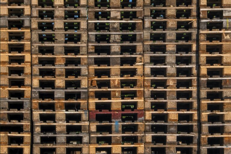 Stacks of wooden pallets for recycling