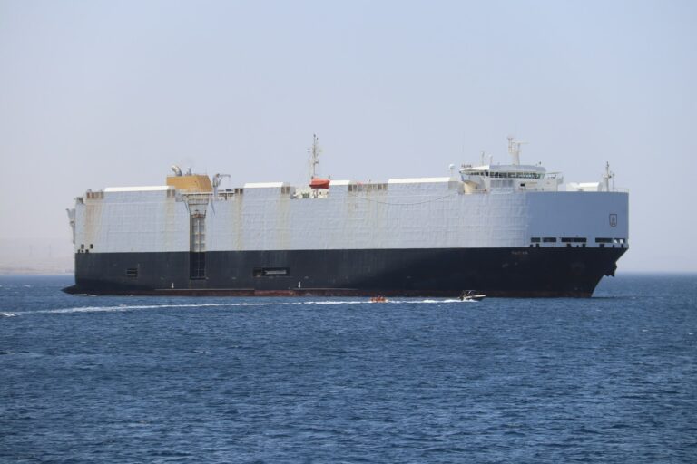 Roll-on roll-off vehicle carrier ship at sea