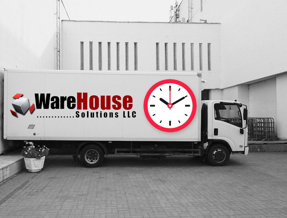 Warehouse Solutions delivery truck with a clock for on-time delivery